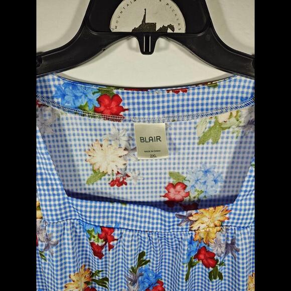 Blair 2XL Blue White Checked floral pullover top Square neck short Sleeve - Picture 4 of 10